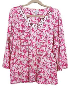 Kim Rogers Floral Beaded Tunic Women’s XL Pink White Boho Tropical Pullover